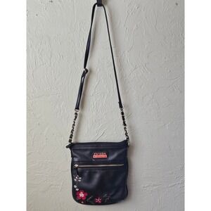 Nicole Miller Black Faux Leather Crossbody Bag Floral Embroidery Chain Strap
